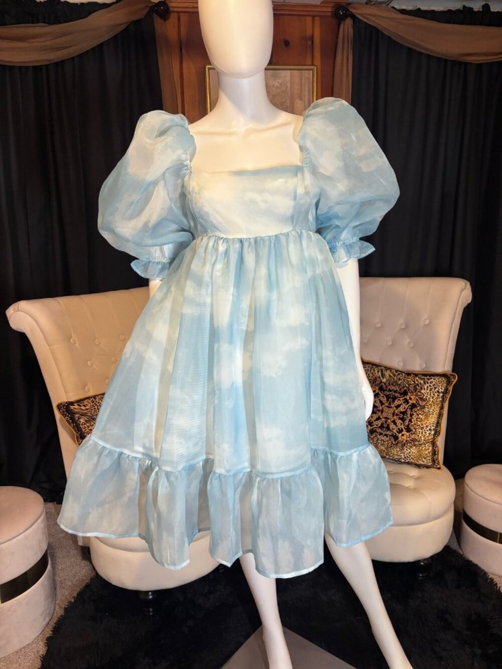 Cloud Print Puff Sleeve Babydoll Dress Ruffle Hem